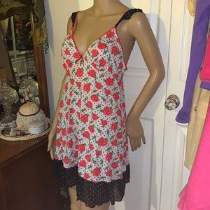 vtg 90s polka dot roses pink & black chemise mini night gown Pajama dress L
